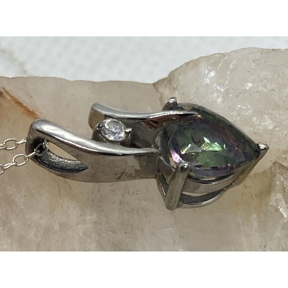 NYC Mystic Quartz & CZ Heart Pendant 18.5 '' Necklace Sterling 925 Silver g - Picture 3 of 8
